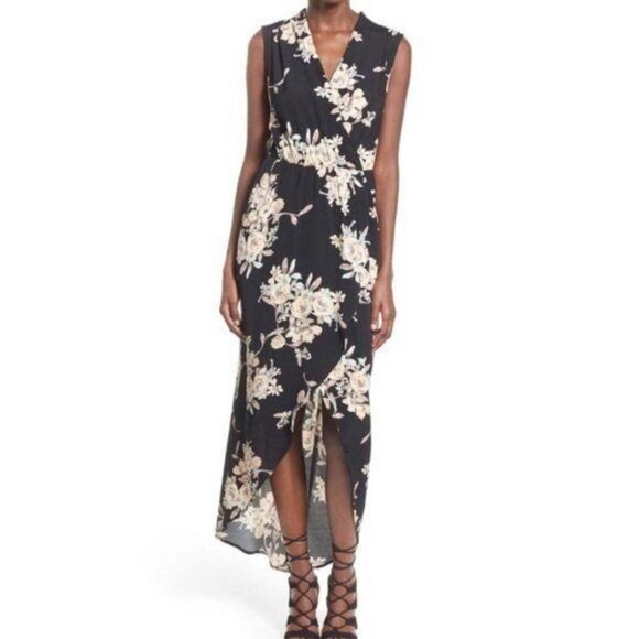 ASTR The Label Black Floral Wrap‎ Front High Low Dress V-Neck Women's Size Small - Picture 1 of 10